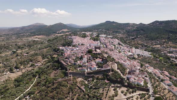 Aerial circle view of castle and town. Castelo de Vide. Portugal.