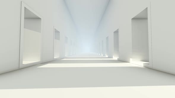 Long white Corridor with Doors and Bright Light