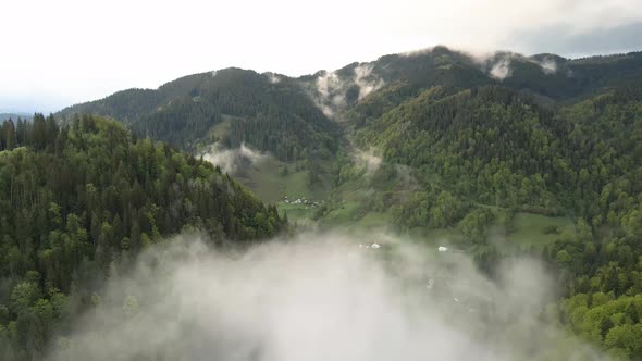 Ukraine, Carpathians: Fog in the Mountains. Aerial.