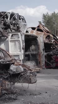 Vertical Video of a Dump of Destroyed Cars During the War in Ukraine