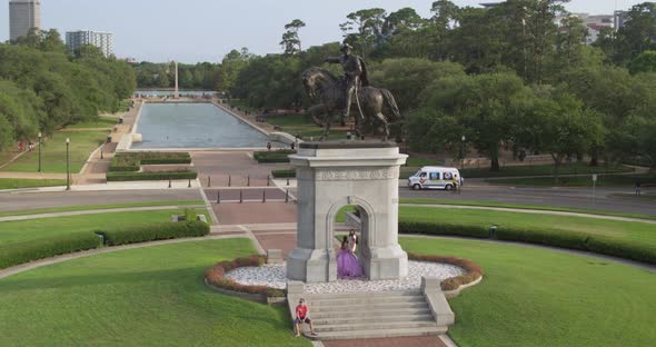 Drone view of the Sam Houston Statue in Hermann Park in Houston, Texas