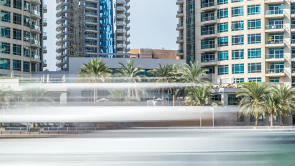 View of Dubai Marina Towers and Waterfall in Dubai Timelapse Hyperlapse