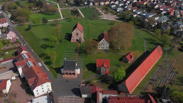 Beautiful flight over the monastery in the city of Lorsch.