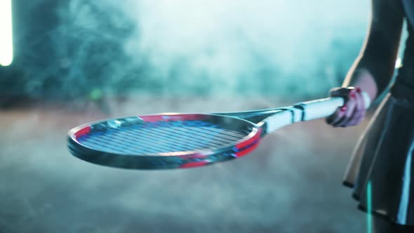 A Woman is Juggling a Tennis Ball with a Racket