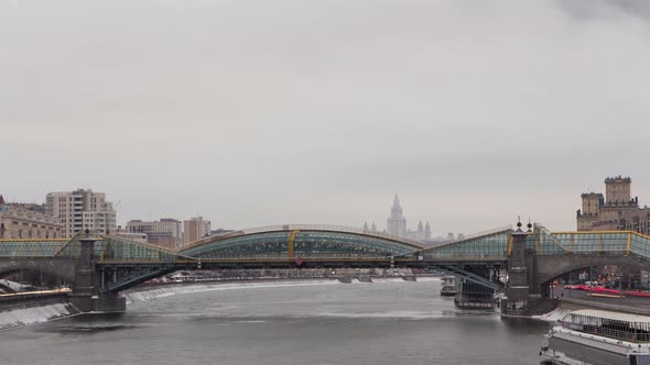 Pedestrian Bogdan Khmelnitsky Bridge Timelapse Hyperlapse in Moscow, Russia.