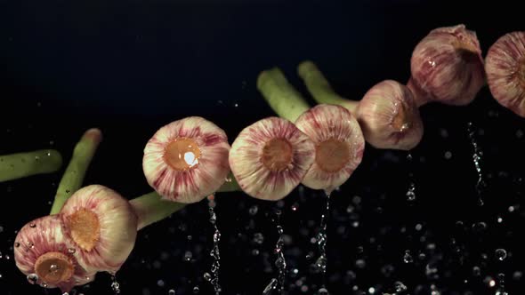 Super Slow Motion Garlic with Splashes of Water on a Black Background