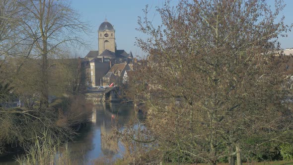 Beautiful French Gothic architecture building on river Sarthe  4K 2160p UHD footage - Orne Lower Nor