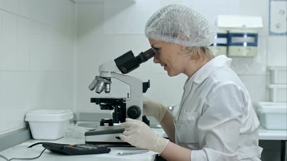 Scientist Working with Microscope, Calculating and Taking Notes in Laboratory