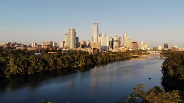 Aerial Drone shot of Downtown Austin, Texas. Shot from the Southwest, coming from Zilker park. Comin