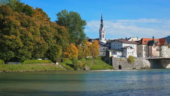 Golden Autumn in Famous Tourist Landmark Medieval Town Bad Tolz. View of Isar River, Trees