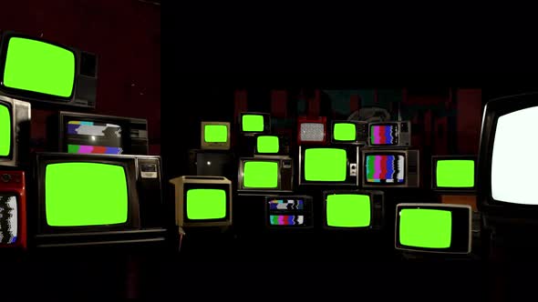 Different Types of TV Sets with Green Screen, Noise and Test Pattern. 4K.