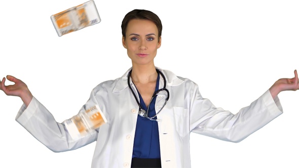 Woman doctor throwing some money and looking to camera