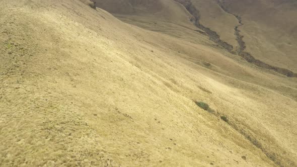 Aerial view showing a hilly landscape with high grass of the andean mountains in south america