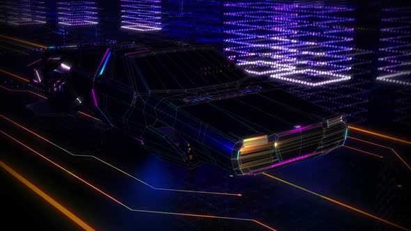 Digital neon Lights and Holograms lights Futuristic Car Hovering over the Road alt