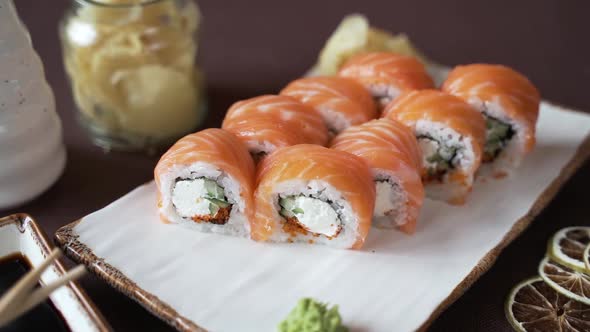 Set of sushi rolls philadelphia with red fish