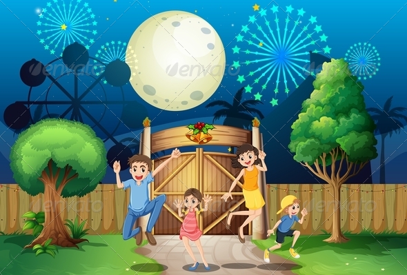Happy Family Near a Gate with Fireworks