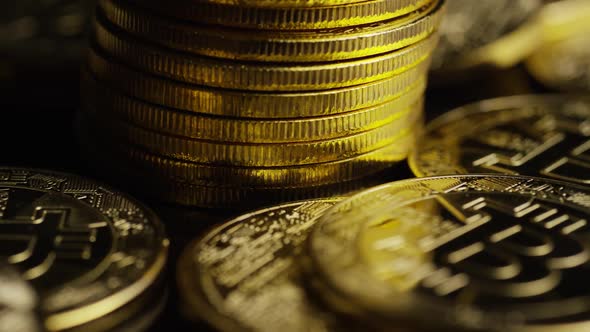 Rotating shot of Bitcoins (digital cryptocurrency) - BITCOIN 0631