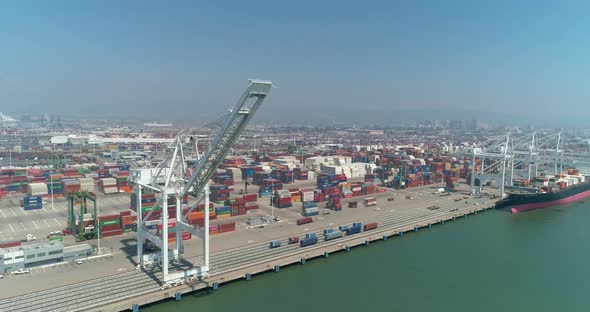 Aerial view of container ships and lifting cranes in the Port of Oakland California