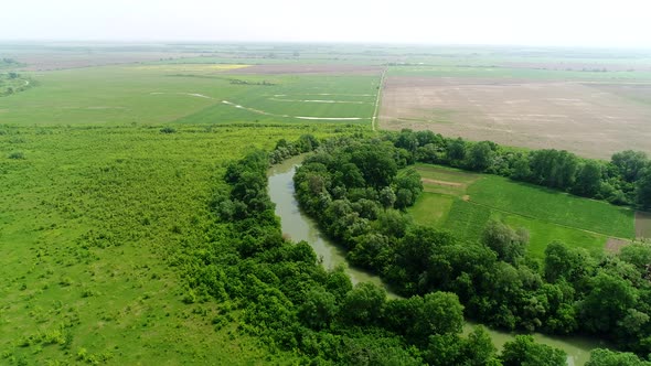 Aerial View Green Field Arable Land River Bend