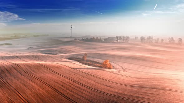 Brown field and wind turbine. Alternative energy. Aerial view, Poland