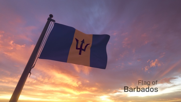 Barbados Flag on a Flagpole V3