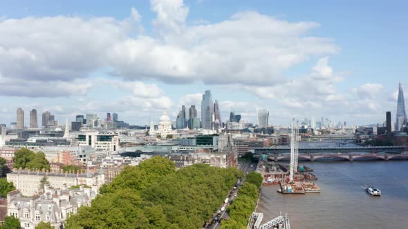 Aerial View of Green Trees in Temple Gardens on Bank of River Thames