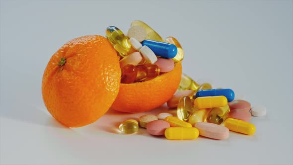 Vitamins with Oranges on a White Background