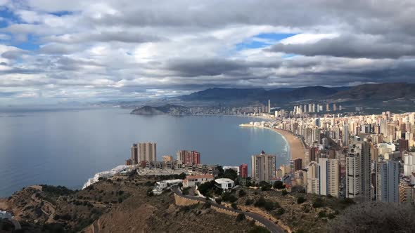 Time-Lapse overlooking the Beautiful Playa Levante beach in Benidorm a seaside resort in Spain