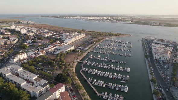 Ayamonte Marina and Guadiana River, Huelva, Spain. Scenic aerial view