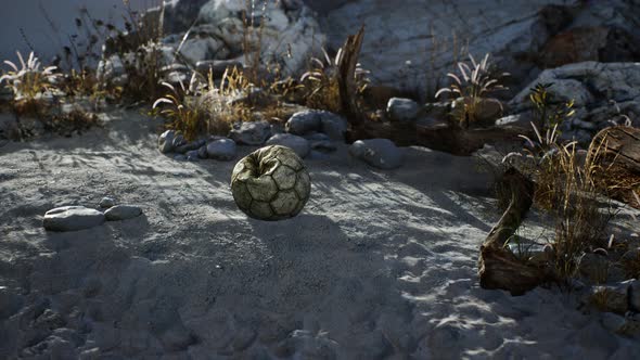 An Old Torn Soccer Ball Thrown Lies on Sand of Sea Beach alt