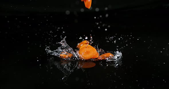 Carrots, daucus carota, Vegetables falling on Water against Black Background, Slow Motion 4k