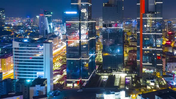 Aerial Drone Timelapse in New York City Skyscraper at Night Time