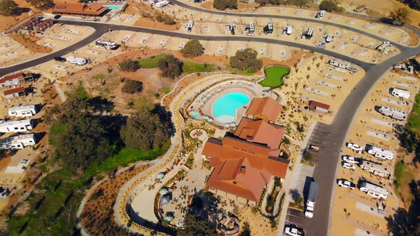 Aerial Pan of an RV Resort Pool and jacuzzi.