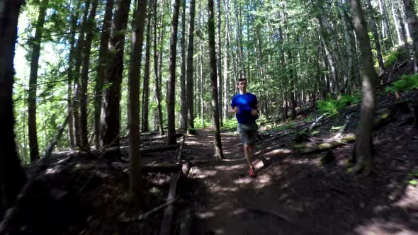 Young man jogging in the forest 4k