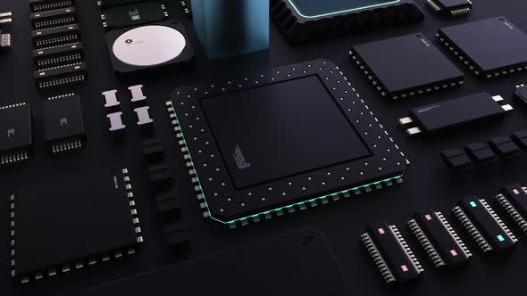 components of computing power on a chip. futuristic animation . next-generation computer technology  alt
