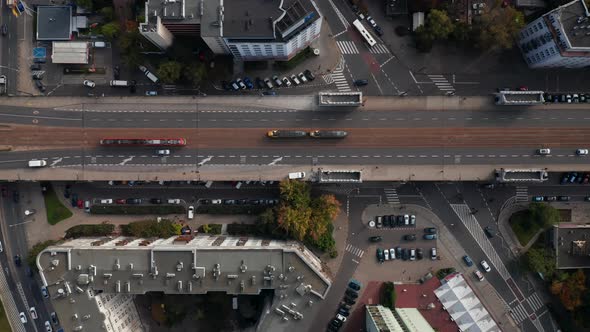 Aerial Birds Eye Overhead Top Down Panning View of Transport in City