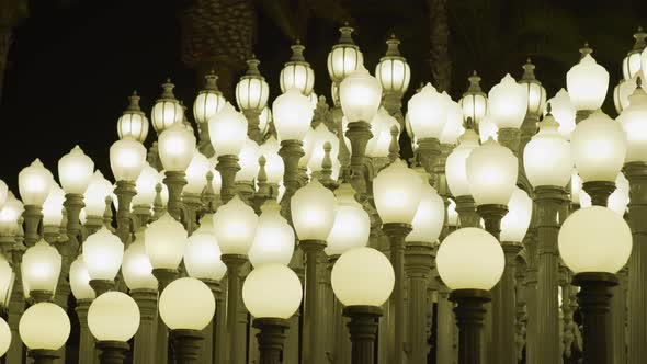 Night view of the Urban Light installation, Los Angeles