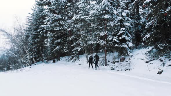 Young Couple Walking on a Snow Covered Mountain with Evergreen Trees