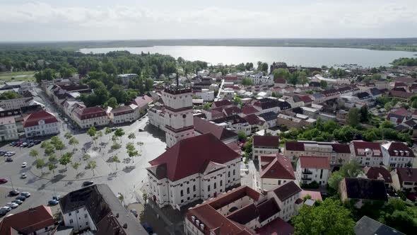 Drone footage of the town square with city church in Neustrelitz.