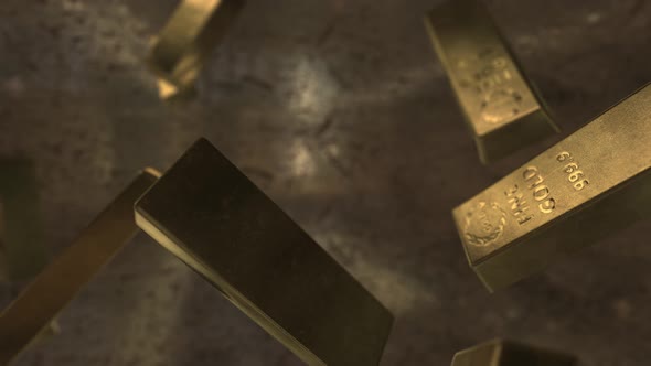 Slow falling gold bars, 3d animation with depth of field