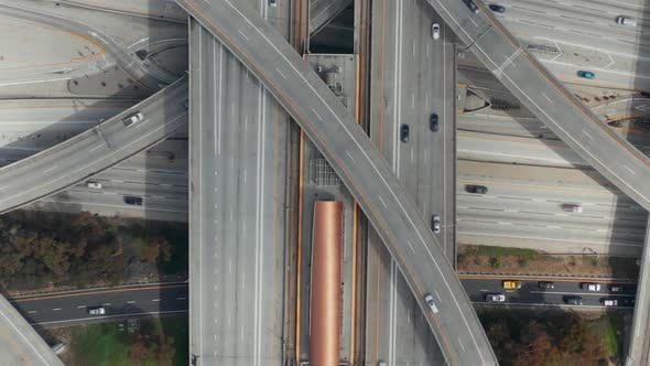 AERIAL: Spectacular Overhead Follow Shot of Judge Pregerson Highway Showing Multiple Roads, Bridges