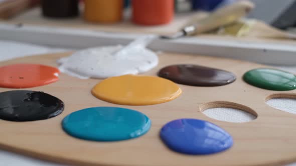 Close Up of a Professional Artist Mixing a Palette of Paints for Painting