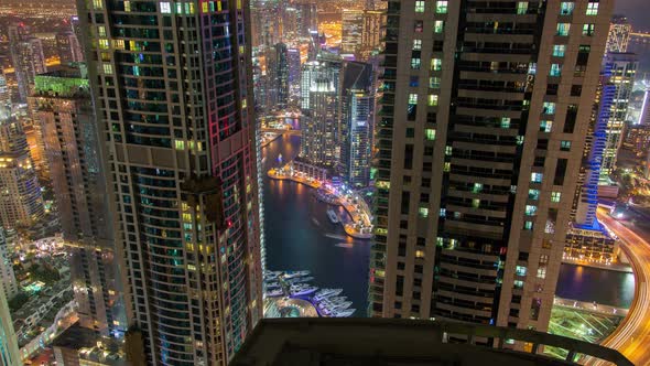 Dubai Marina Night Skyline . Pan Up