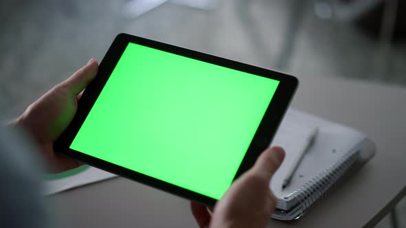 Entrepreneur Hands Holding Tablet Looking Screen Chroma Key in Workplace Cafe