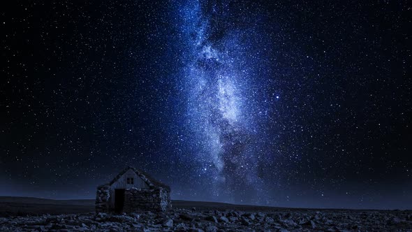 Small stone cottage and moving milky way at night, Iceland, timelapse, 4K