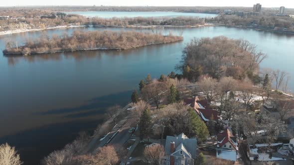 Aerial footage lake of the isles and Calhound lake,minnesota, during a sunny afternoon