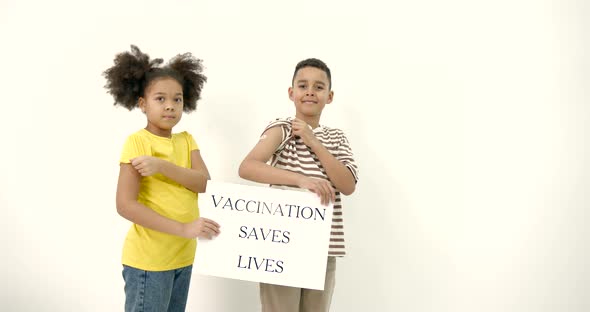 Vaccinated Black Kids with Banner Over White Background
