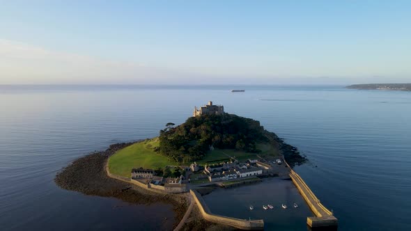 St Michaels Mount and castle in Cornwall. Aerial circling