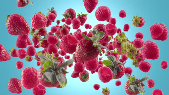 Burst of Strawberry Raspberry in Blue Sky Background