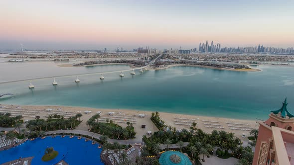 Jumeirah Palm Island Skyline Day to Night Timelapse in Dubai UAE